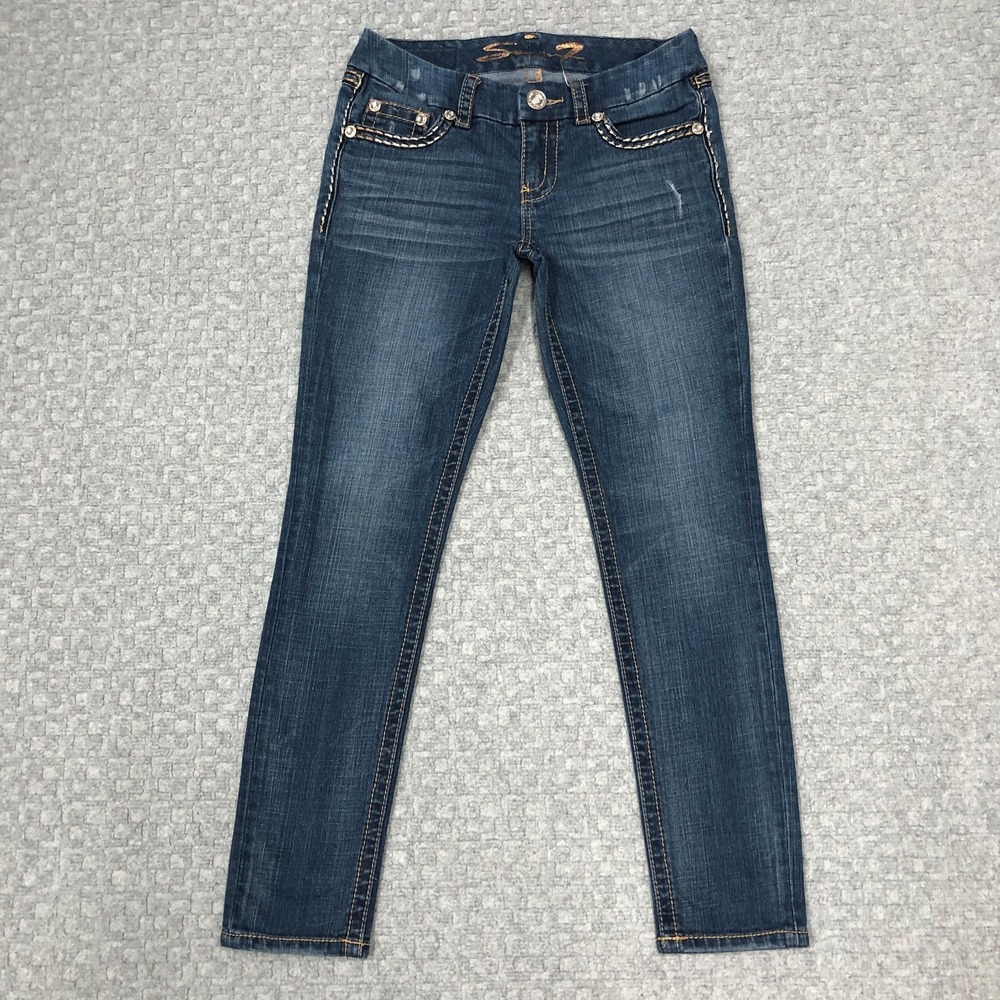 Seven7 Skinny Jeans Womens 6 Blue Med Wash Low Rise Rhinestone Stretch Denim